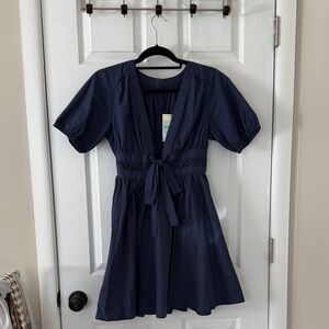 NWT Navy Short Sleeve Dress with Tie Waist & Puff Sleeves